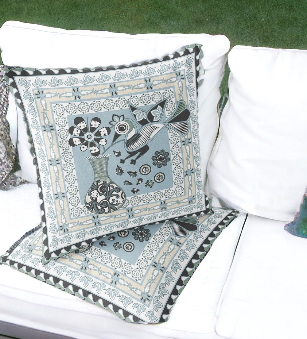 Homeroots Set Of Two 16" X 16" Blue And Black Peacock Blown Seam Floral Indoor Outdoor Throw Pillow  Polyester 535693