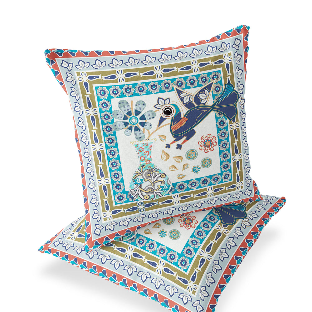 Homeroots Set Of Two 16" X 16" Beige And Green Peacock Blown Seam Floral Indoor Outdoor Throw Pillow  Polyester 535695