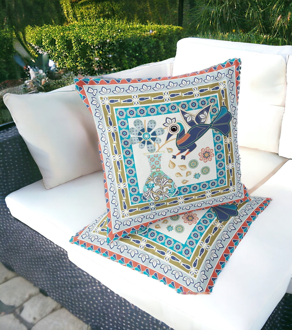 Homeroots Set Of Two 16" X 16" Beige And Green Peacock Blown Seam Floral Indoor Outdoor Throw Pillow  Polyester 535695