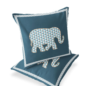Homeroots Set Of Two 16" X 16" Blue And White Elephant Blown Seam Animal Print Indoor Outdoor Throw Pillow  Polyester 535697