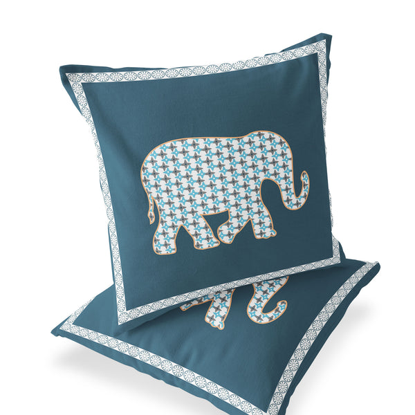 Homeroots Set Of Two 16" X 16" Blue And White Elephant Blown Seam Animal Print Indoor Outdoor Throw Pillow  Polyester 535697