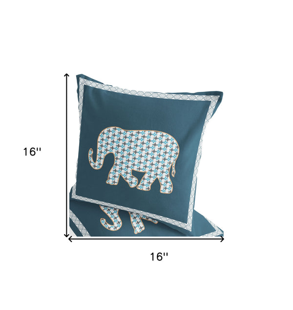 Homeroots Set Of Two 16" X 16" Blue And White Elephant Blown Seam Animal Print Indoor Outdoor Throw Pillow  Polyester 535697