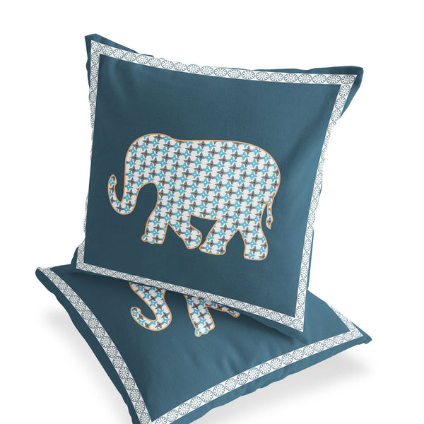 Homeroots Set Of Two 16" X 16" Blue And White Elephant Blown Seam Animal Print Indoor Outdoor Throw Pillow  Polyester 535697