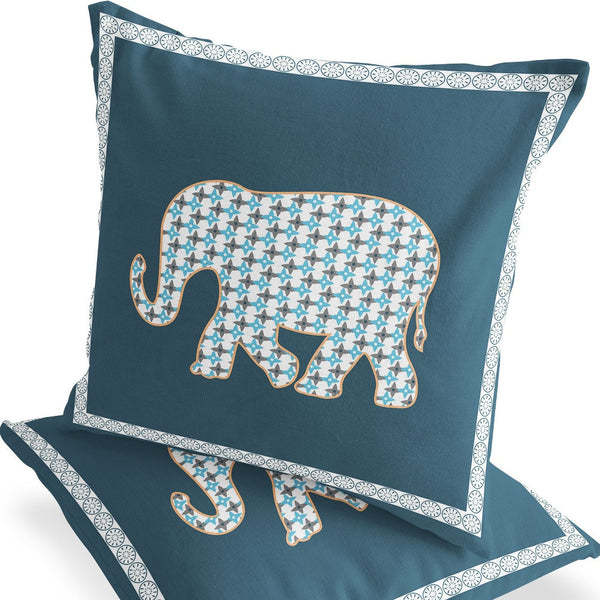 Homeroots Set Of Two 16" X 16" Blue And White Elephant Blown Seam Animal Print Indoor Outdoor Throw Pillow  Polyester 535697