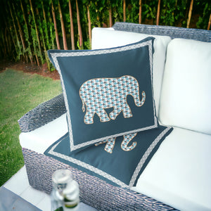 Homeroots Set Of Two 16" X 16" Blue And White Elephant Blown Seam Animal Print Indoor Outdoor Throw Pillow  Polyester 535697