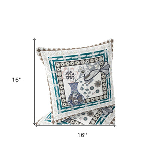 Homeroots Set Of Two 16" X 16" Beige And Green Peacock Blown Seam Floral Indoor Outdoor Throw Pillow  Polyester 535698