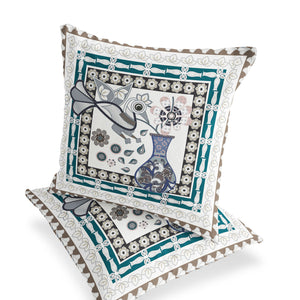 Homeroots Set Of Two 16" X 16" Beige And Green Peacock Blown Seam Floral Indoor Outdoor Throw Pillow  Polyester 535698