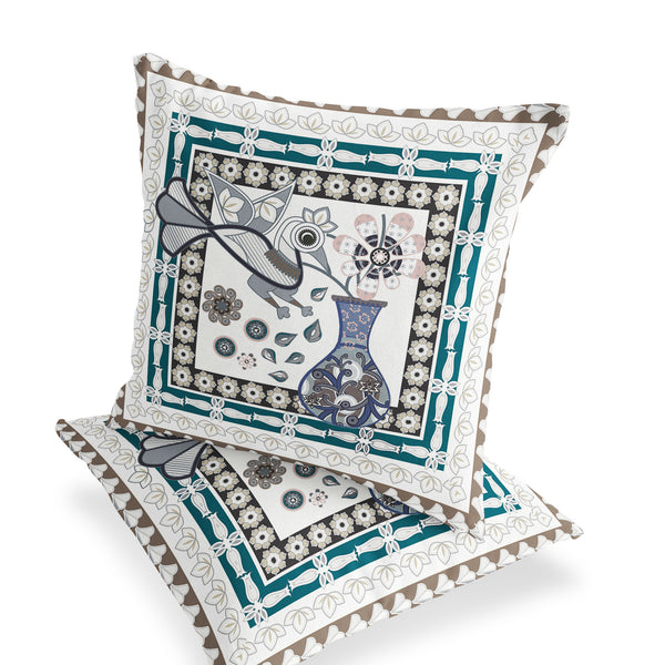 Homeroots Set Of Two 16" X 16" Beige And Green Peacock Blown Seam Floral Indoor Outdoor Throw Pillow  Polyester 535698