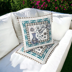 Homeroots Set Of Two 16" X 16" Beige And Green Peacock Blown Seam Floral Indoor Outdoor Throw Pillow  Polyester 535698