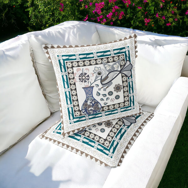 Homeroots Set Of Two 16" X 16" Beige And Green Peacock Blown Seam Floral Indoor Outdoor Throw Pillow  Polyester 535698