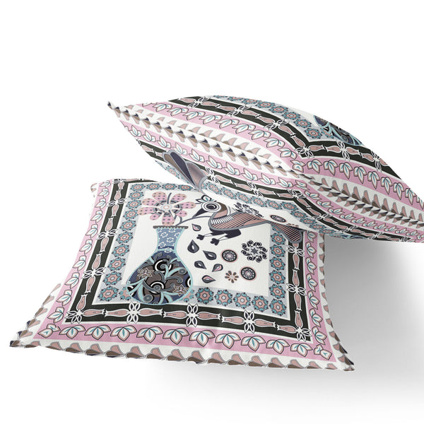 Homeroots Set Of Two 16" X 16" Pink And Black Peacock Blown Seam Floral Indoor Outdoor Throw Pillow  Polyester 535701