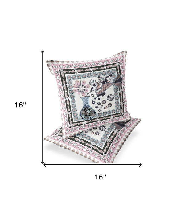 Homeroots Set Of Two 16" X 16" Pink And Black Peacock Blown Seam Floral Indoor Outdoor Throw Pillow  Polyester 535701