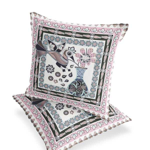 Homeroots Set Of Two 16" X 16" Pink And Black Peacock Blown Seam Floral Indoor Outdoor Throw Pillow  Polyester 535701