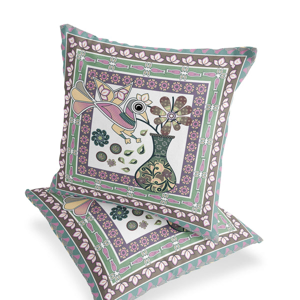 Homeroots Set Of Two 16" X 16" Pink And Brown Peacock Blown Seam Floral Indoor Outdoor Throw Pillow  Polyester 535702
