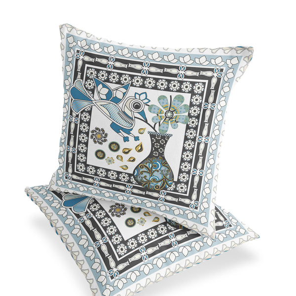 Homeroots Set Of Two 16" X 16" Black And White Peacock Blown Seam Floral Indoor Outdoor Throw Pillow  Polyester 535704