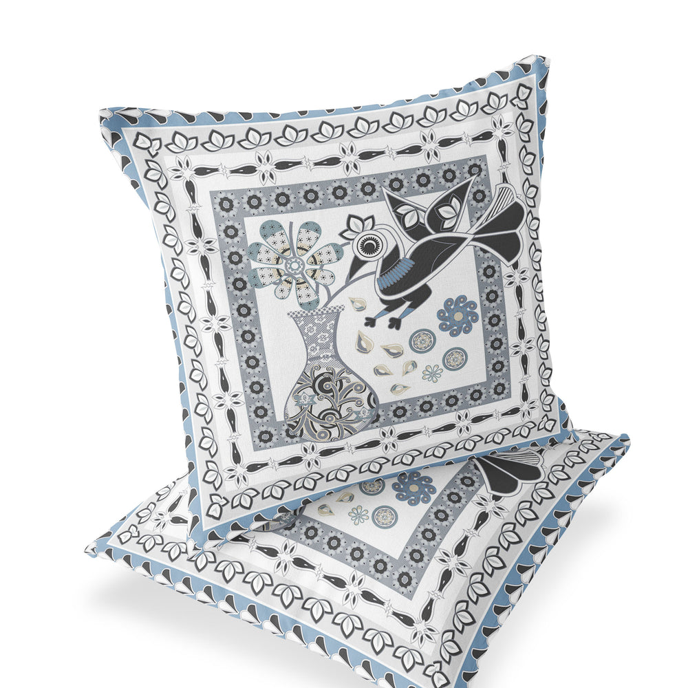 Homeroots Set Of Two 16" X 16" Black Gray And White Peacock Blown Seam Floral Indoor Outdoor Throw Pillow  Polyester 535705