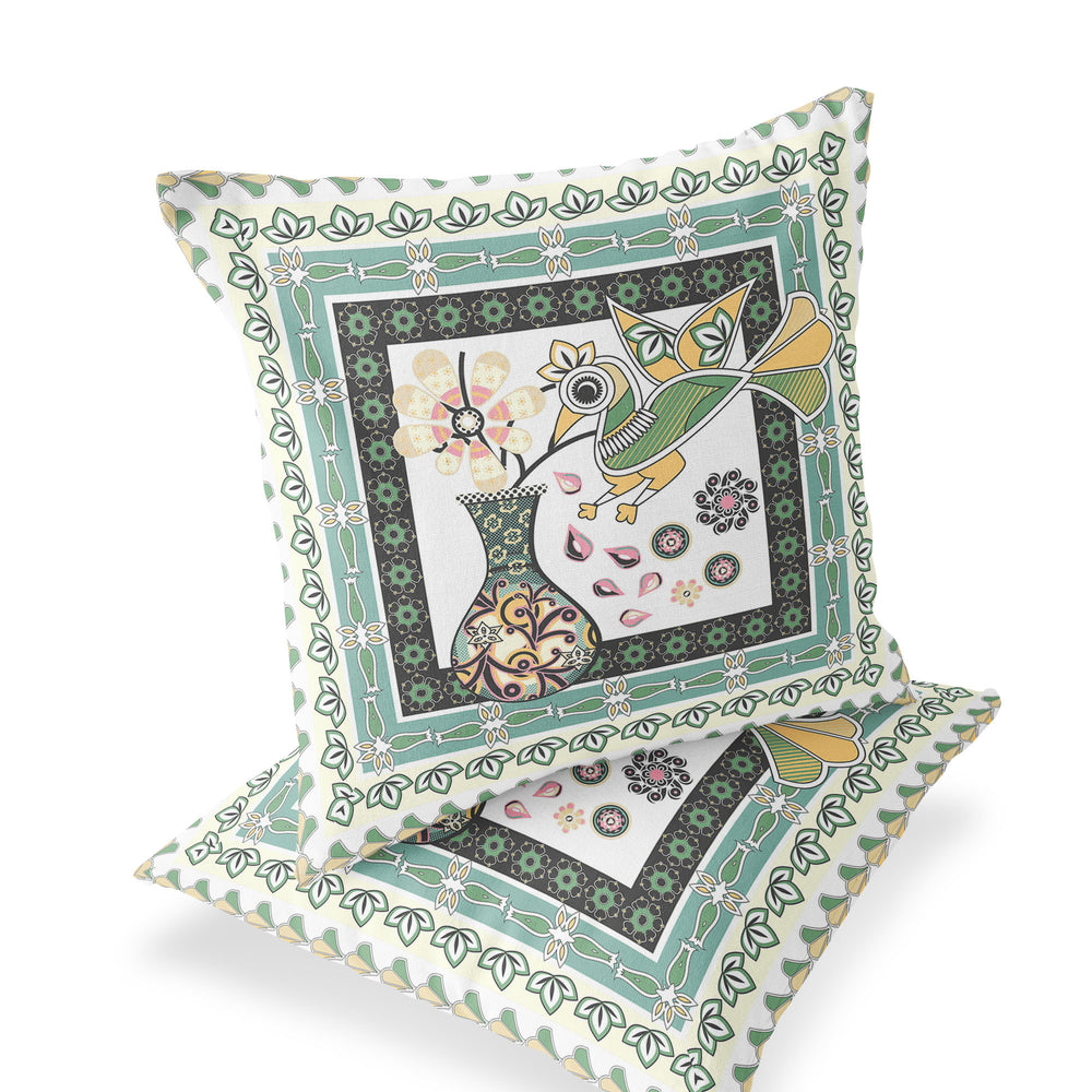 Homeroots Set Of Two 16" X 16" Green And White Peacock Blown Seam Floral Indoor Outdoor Throw Pillow  Polyester 535706