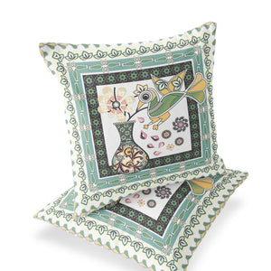 Homeroots Set Of Two 16" X 16" Green And White Peacock Blown Seam Floral Indoor Outdoor Throw Pillow  Polyester 535706
