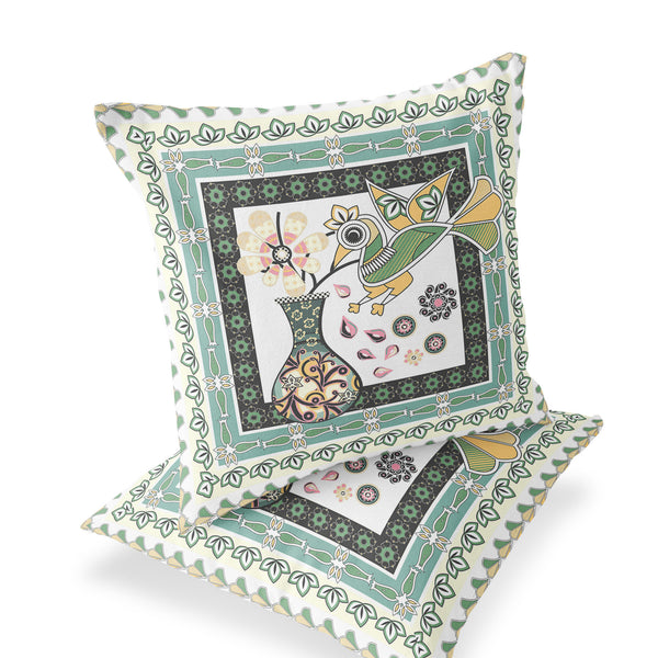 Homeroots Set Of Two 16" X 16" Green And White Peacock Blown Seam Floral Indoor Outdoor Throw Pillow  Polyester 535706