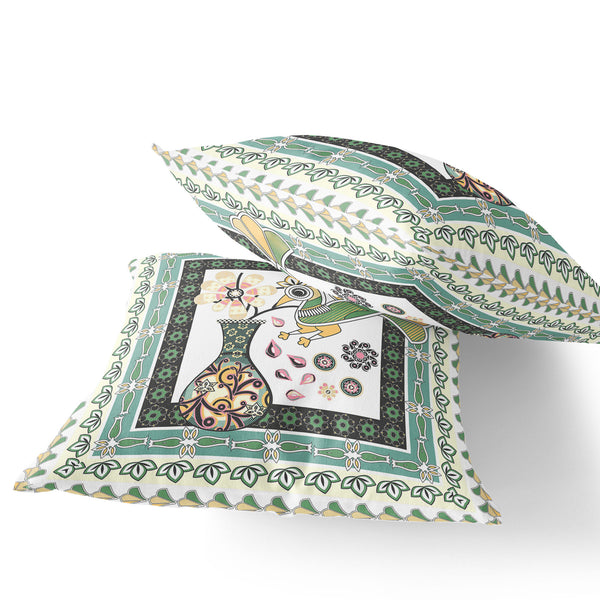 Homeroots Set Of Two 16" X 16" Green And White Peacock Blown Seam Floral Indoor Outdoor Throw Pillow  Polyester 535706