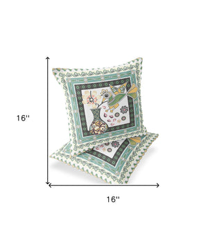 Homeroots Set Of Two 16" X 16" Green And White Peacock Blown Seam Floral Indoor Outdoor Throw Pillow  Polyester 535706