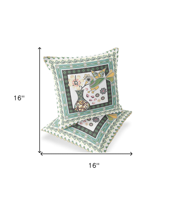 Homeroots Set Of Two 16" X 16" Green And White Peacock Blown Seam Floral Indoor Outdoor Throw Pillow  Polyester 535706