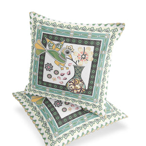 Homeroots Set Of Two 16" X 16" Green And White Peacock Blown Seam Floral Indoor Outdoor Throw Pillow  Polyester 535706