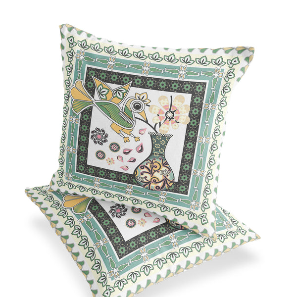 Homeroots Set Of Two 16" X 16" Green And White Peacock Blown Seam Floral Indoor Outdoor Throw Pillow  Polyester 535706