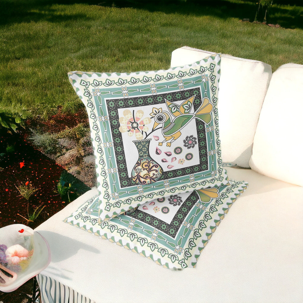 Homeroots Set Of Two 16" X 16" Green And White Peacock Blown Seam Floral Indoor Outdoor Throw Pillow  Polyester 535706