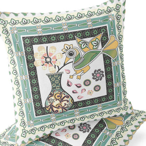 Homeroots Set Of Two 16" X 16" Green And White Peacock Blown Seam Floral Indoor Outdoor Throw Pillow  Polyester 535706