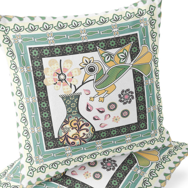 Homeroots Set Of Two 16" X 16" Green And White Peacock Blown Seam Floral Indoor Outdoor Throw Pillow  Polyester 535706