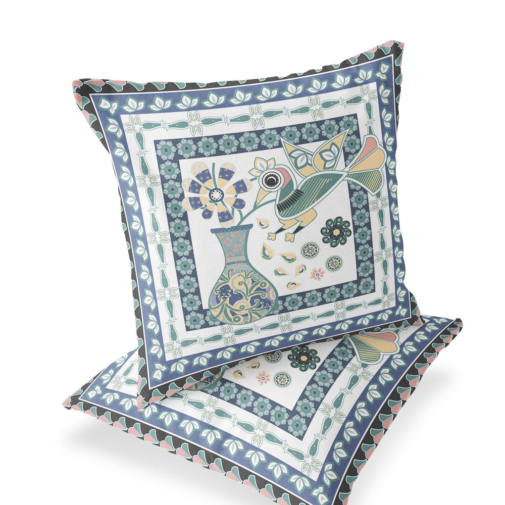 Homeroots Set Of Two 16" X 16" Blue And White Peacock Blown Seam Floral Indoor Outdoor Throw Pillow  Polyester 535707