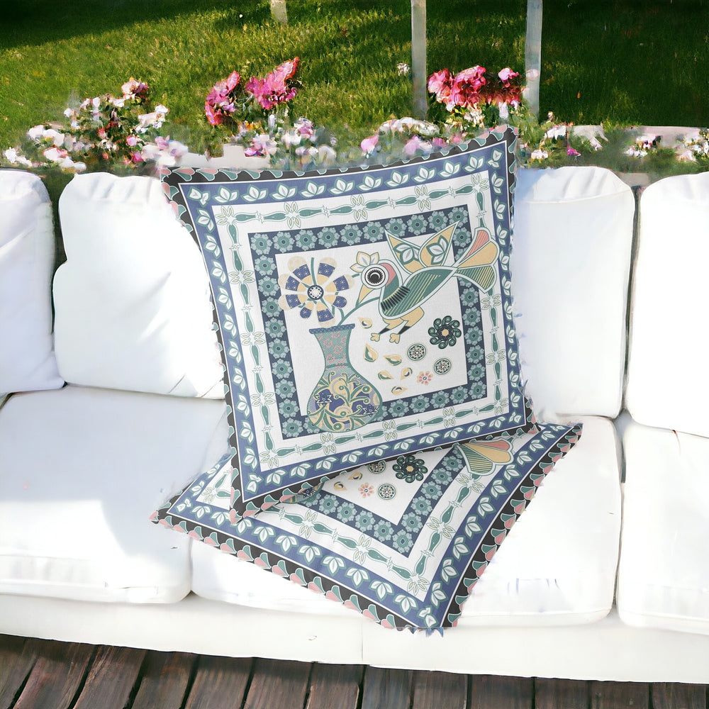 Homeroots Set Of Two 16" X 16" Blue And White Peacock Blown Seam Floral Indoor Outdoor Throw Pillow  Polyester 535707