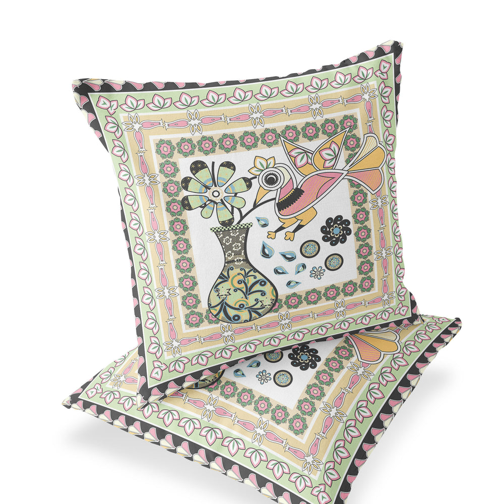 Homeroots Set Of Two 16" X 16" Green And White Peacock Blown Seam Floral Indoor Outdoor Throw Pillow  Polyester 535712