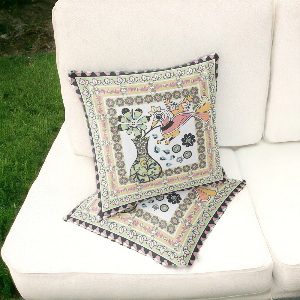 Homeroots Set Of Two 16" X 16" Green And White Peacock Blown Seam Floral Indoor Outdoor Throw Pillow  Polyester 535712