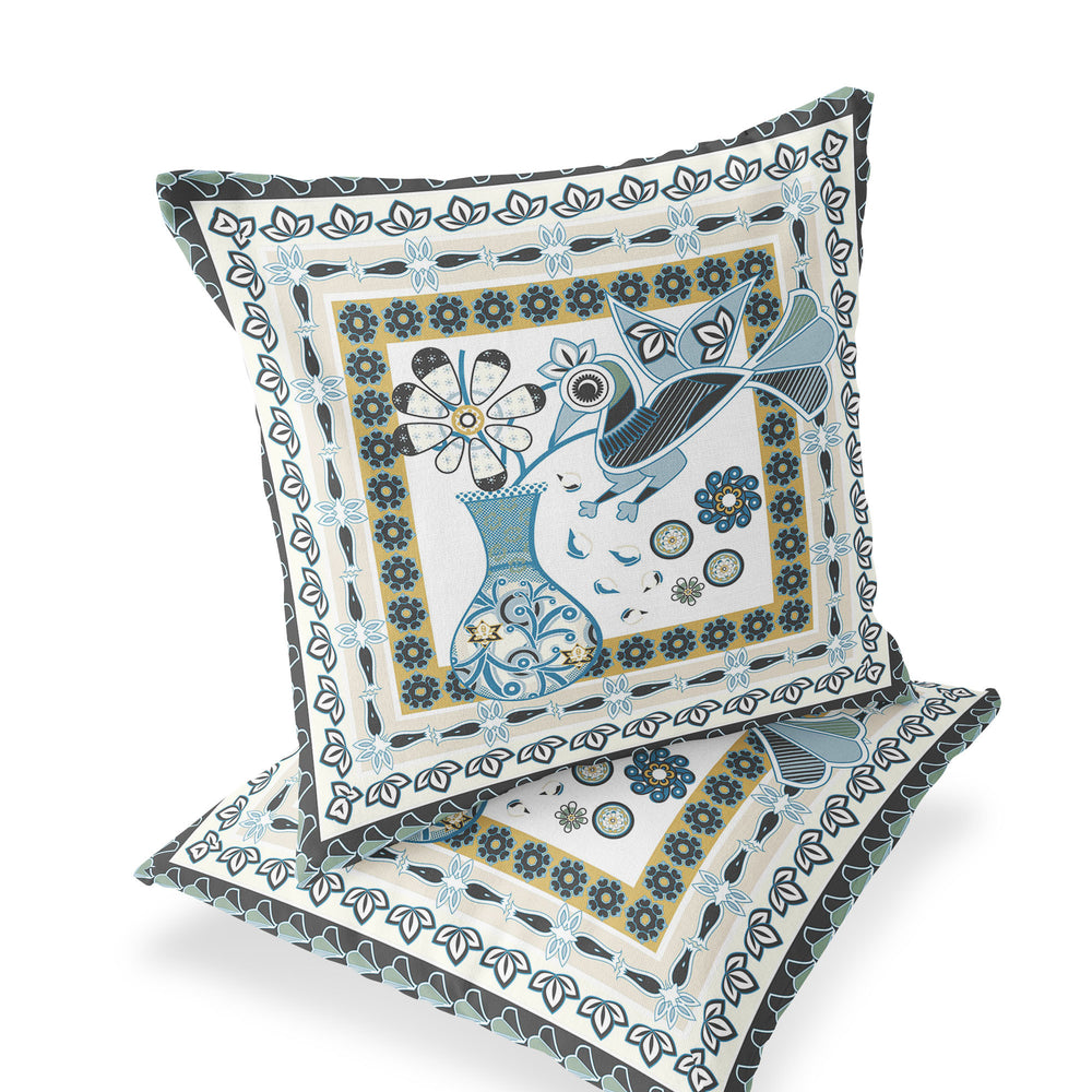 Homeroots Set Of Two 16" X 16" Black And White Peacock Blown Seam Floral Indoor Outdoor Throw Pillow  Polyester 535713