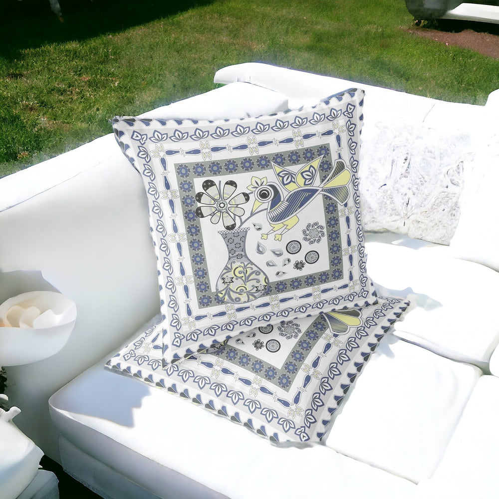 Homeroots Set Of Two 16" X 16" Gray And White Peacock Blown Seam Floral Indoor Outdoor Throw Pillow  Polyester 535714