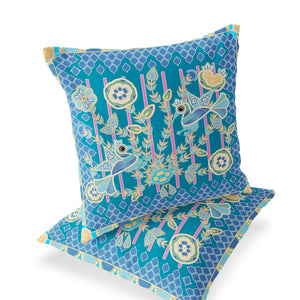 Homeroots Set Of Two 16" X 16" Blue And Green Peacock Blown Seam Floral Indoor Outdoor Throw Pillow  Polyester 535715