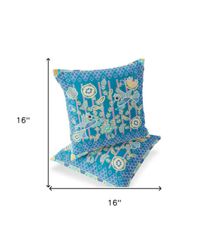 Homeroots Set Of Two 16" X 16" Blue And Green Peacock Blown Seam Floral Indoor Outdoor Throw Pillow  Polyester 535715