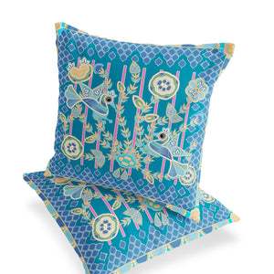 Homeroots Set Of Two 16" X 16" Blue And Green Peacock Blown Seam Floral Indoor Outdoor Throw Pillow  Polyester 535715