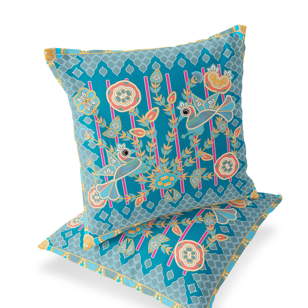 Homeroots Set Of Two 16" X 16" Blue And Gold Peacock Blown Seam Floral Indoor Outdoor Throw Pillow  Polyester 535716