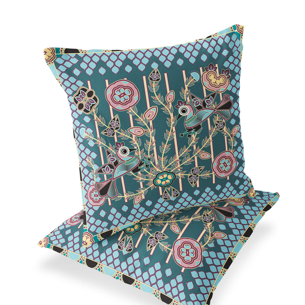 Homeroots Set Of Two 16" X 16" Green And Pink Peacock Blown Seam Floral Indoor Outdoor Throw Pillow  Polyester 535717