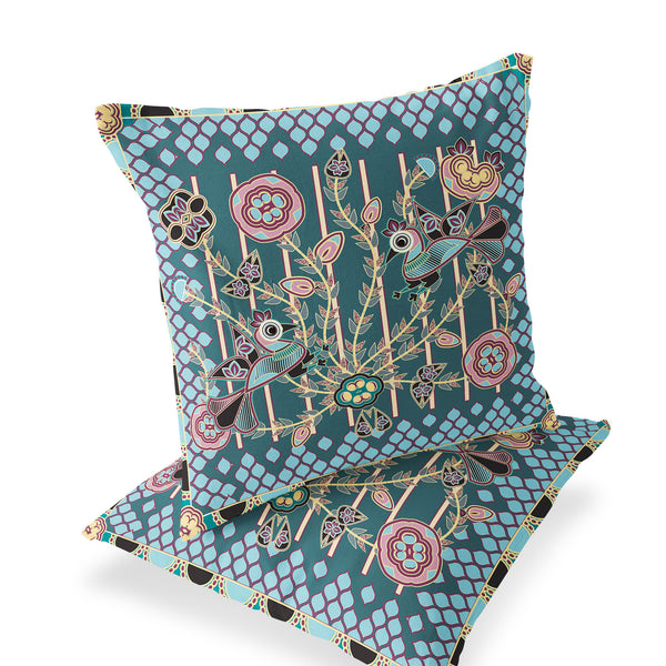 Homeroots Set Of Two 16" X 16" Green And Pink Peacock Blown Seam Floral Indoor Outdoor Throw Pillow  Polyester 535717
