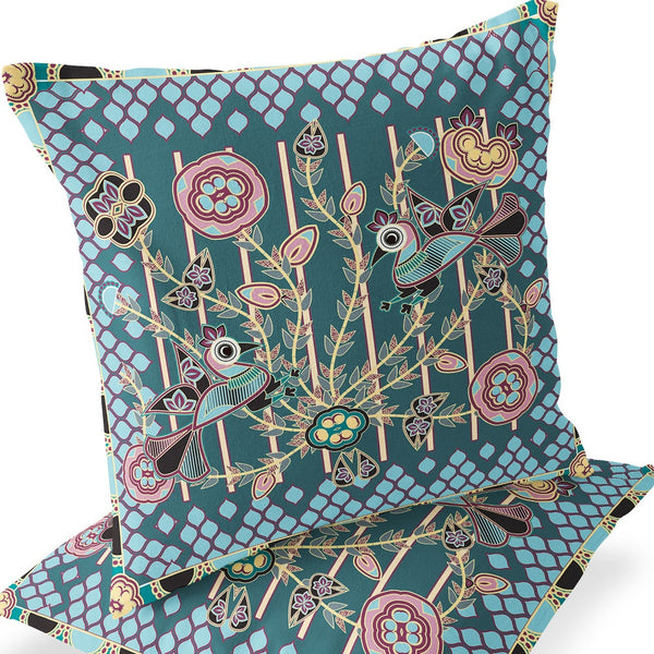 Homeroots Set Of Two 16" X 16" Green And Pink Peacock Blown Seam Floral Indoor Outdoor Throw Pillow  Polyester 535717