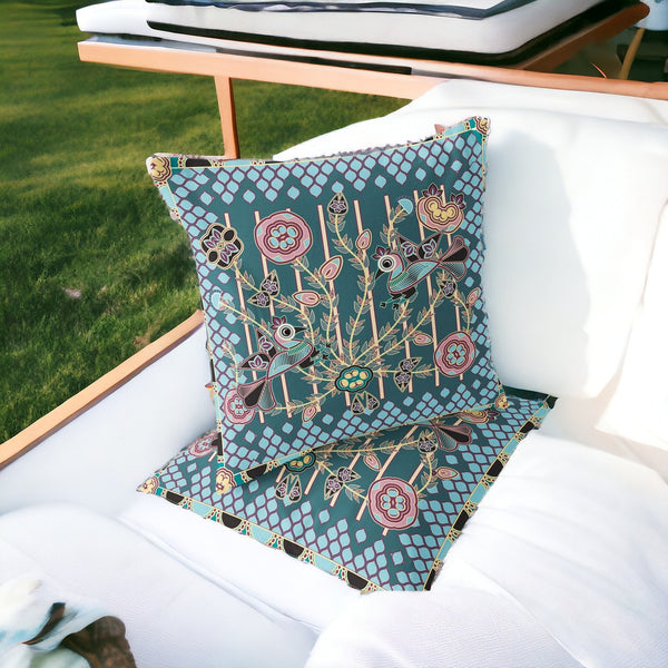 Homeroots Set Of Two 16" X 16" Green And Pink Peacock Blown Seam Floral Indoor Outdoor Throw Pillow  Polyester 535717