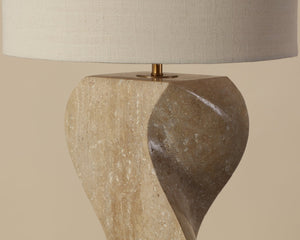 Sunpan ANUSHA Table Lamp - Hand-Carved Solid Travertine Base, Textured Shade & Warm Brass Accents, 30" Tall 112157