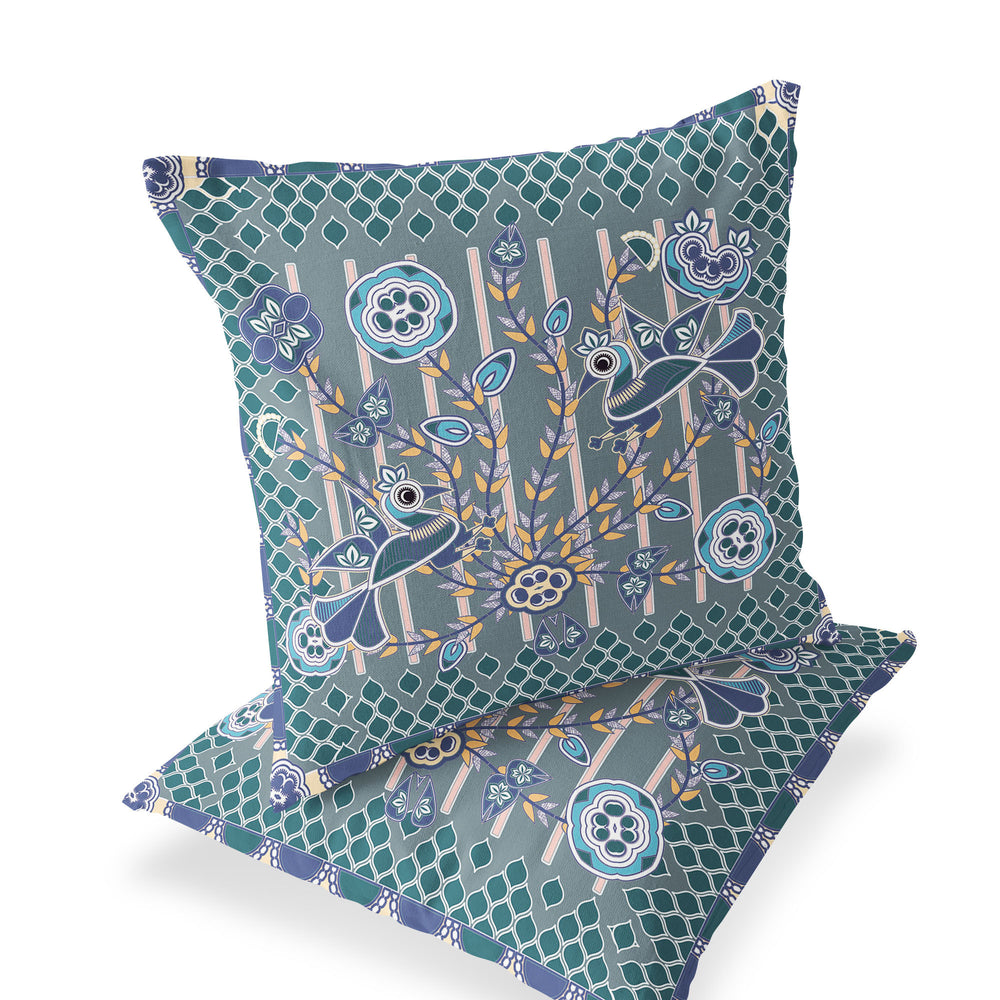 Homeroots Set Of Two 16" X 16" Blue And Gray Peacock Blown Seam Floral Indoor Outdoor Throw Pillow  Polyester 535720