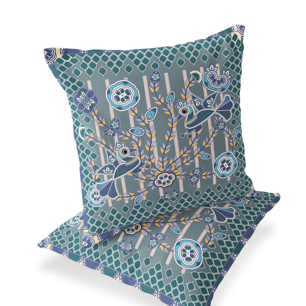 Homeroots Set Of Two 16" X 16" Blue And Gray Peacock Blown Seam Floral Indoor Outdoor Throw Pillow  Polyester 535720
