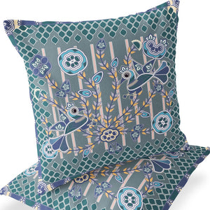 Homeroots Set Of Two 16" X 16" Blue And Gray Peacock Blown Seam Floral Indoor Outdoor Throw Pillow  Polyester 535720