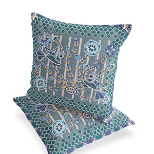 Homeroots Set Of Two 16" X 16" Blue And Gray Peacock Blown Seam Floral Indoor Outdoor Throw Pillow  Polyester 535720